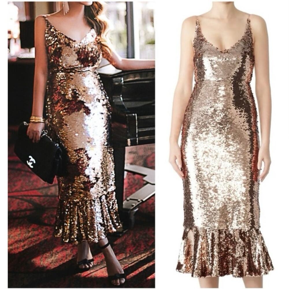 Saloni Sequin Dress Sleeveless Open Back Cocktail‎ Midi Bronze Sz 4 Retails $795